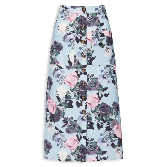 Nicholas Blue Garden Floral Button Front Linen Midi Skirt Size 14 - Picture 3 of 11